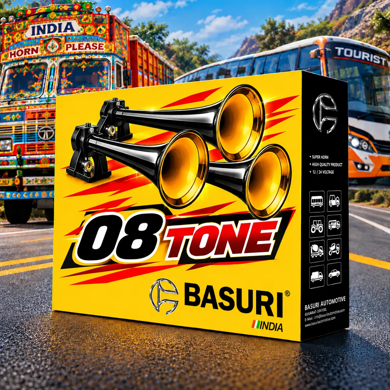 8 Sound Air Horn | BASURI Musical Air Horn 12V/24V | Super Loud 3 Trumpet Air Horn Kit for Trucks, Buses & Tractors