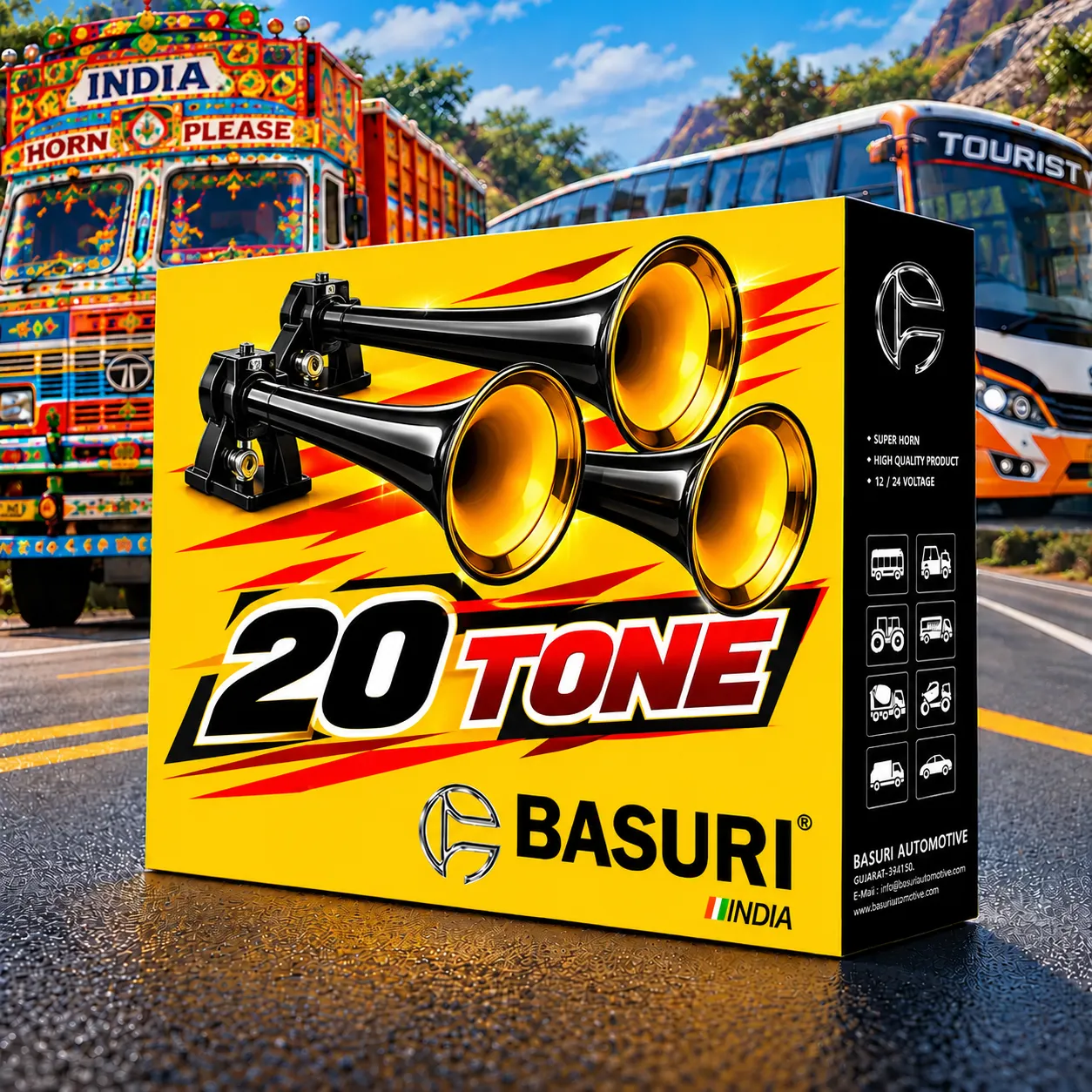 Three Pipe Controller Horn | BASURI 20 Tone Musical Air Horn 12V/24V with Turbo Controller for Trucks, Buses & Tractors