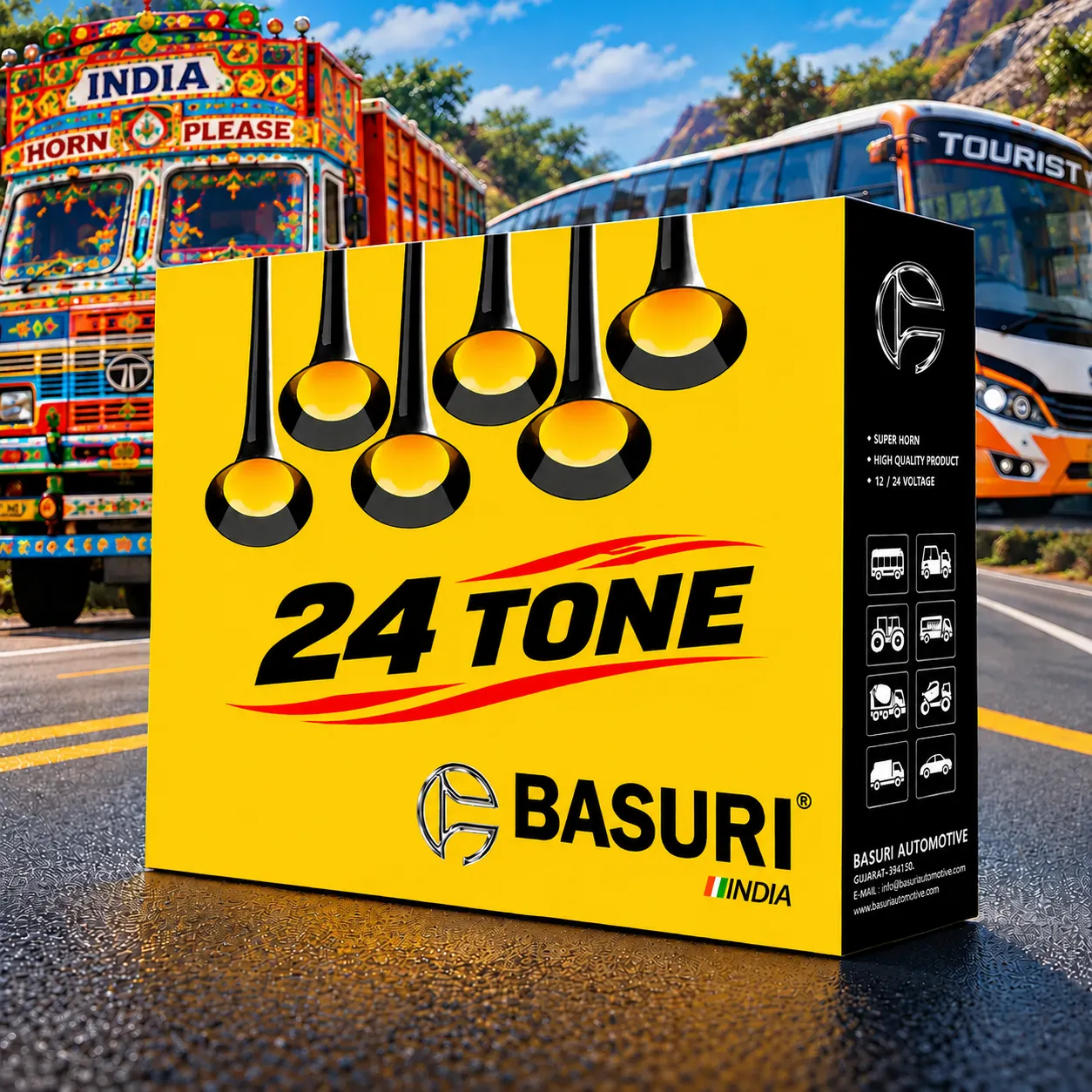 24 Sound Six Pipe Turbo Controller Horn | BASURI Musical Air Horn 12V/24V | Super Loud 6 Trumpet Air Horn Kit for Trucks, Buses & Tractors