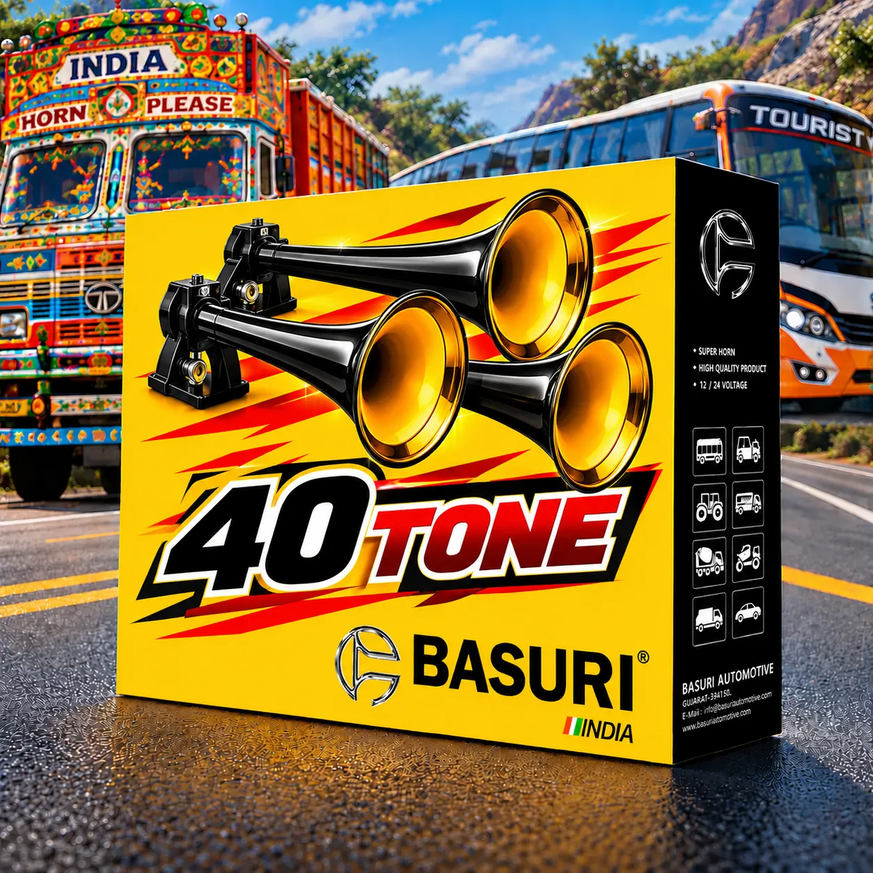 Three Pipe Controller Horn | BASURI 40 Tone Musical Air Horn 12V/24V with Turbo Controller for Trucks, Buses & Tractors